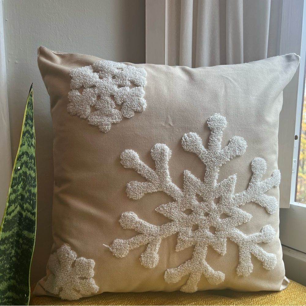 Tufted Snowflake Embroidered Pillow Cover - Cozy, Neutral Holiday Decor